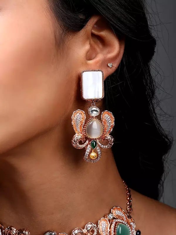 Exotic India Rose Gold Color Floral Choker And Earrings Set With Multicolor Stone 