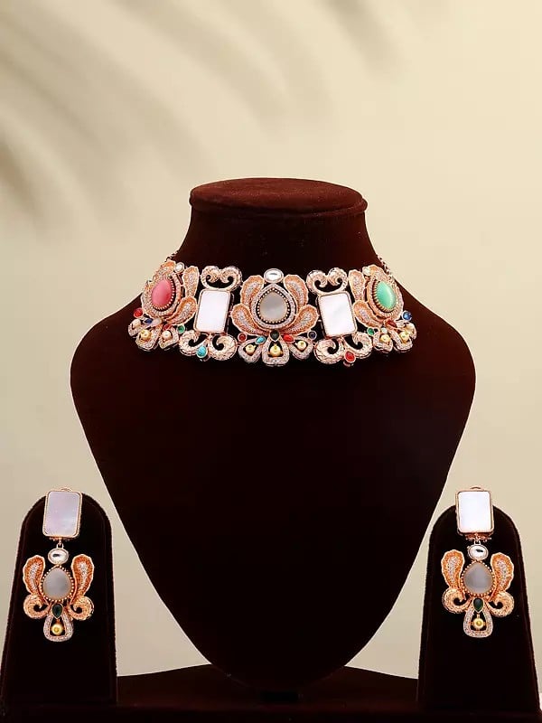 Exotic India Rose Gold Color Floral Choker And Earrings Set With Multicolor Stone 