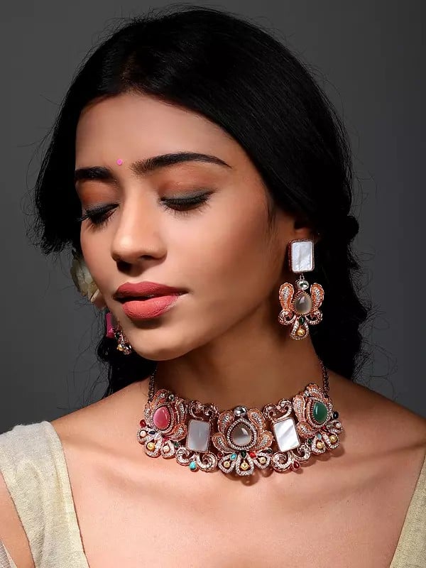 exotic india Rose Gold Color Floral Choker and Earrings Set with Multicolor Stone 