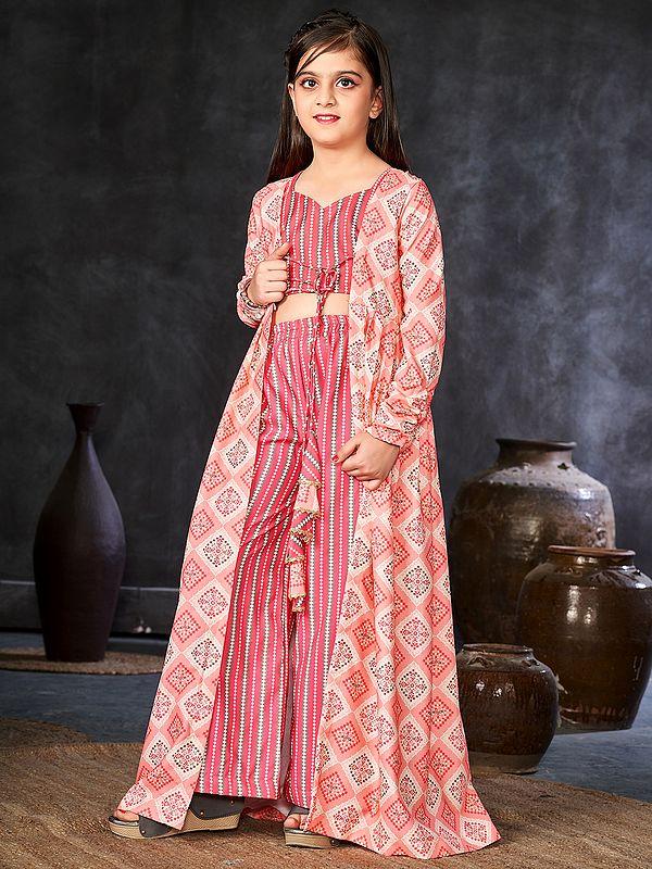 Exotic India Rose-Pink Faux Georgette Digital Print Full Round Flair 2 Piece Shrug Set Indo-Western Suit For Kids 