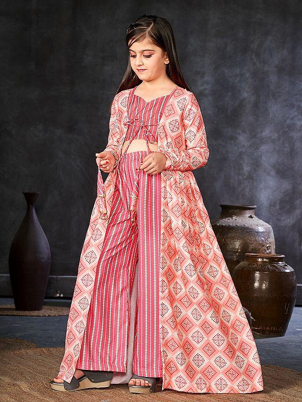 Exotic India Rose-Pink Faux Georgette Digital Print Full Round Flair 2 Piece Shrug Set Indo-Western Suit For Kids 