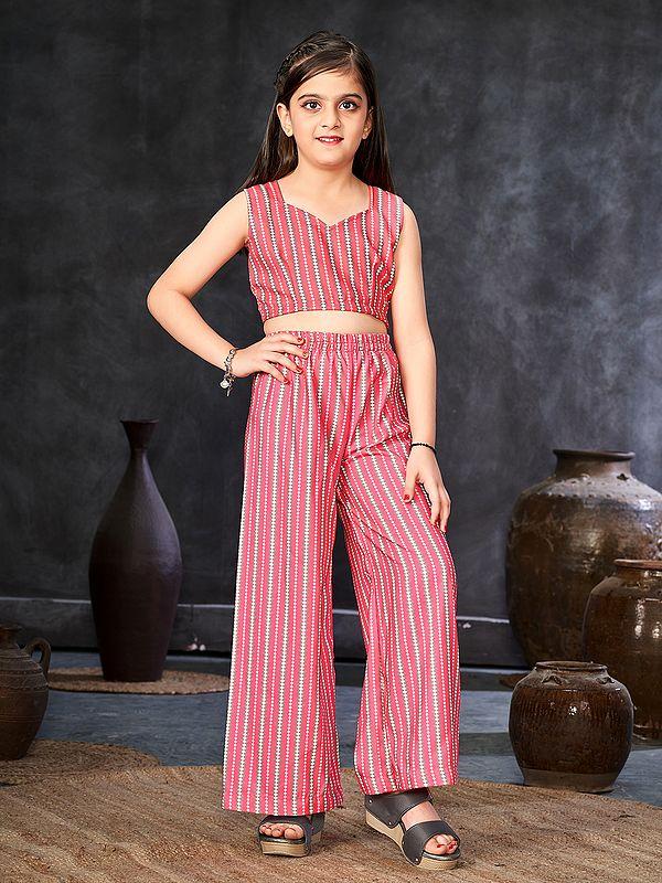 Exotic India Rose-Pink Faux Georgette Digital Print Full Round Flair 2 Piece Shrug Set Indo-Western Suit For Kids 