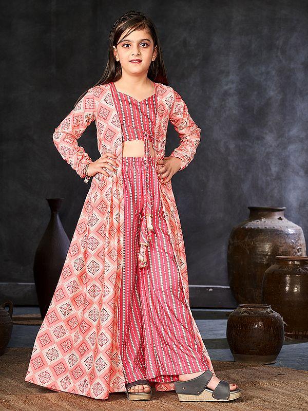 exotic india Rose-Pink Faux Georgette Digital Print Full Round Flair 2 Piece Shrug Set Indo-Western Suit For Kids 