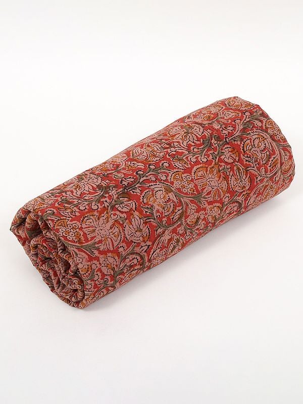 Exotic India Rose-Red Pure Cotton Kalamkari Block Printed Fabric