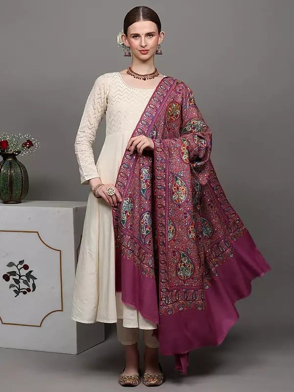 Exotic India Rose-Violet Pure Pashmina Shawl With Heavily Sozni Embroidered Paisleys In Multicolor Thread 