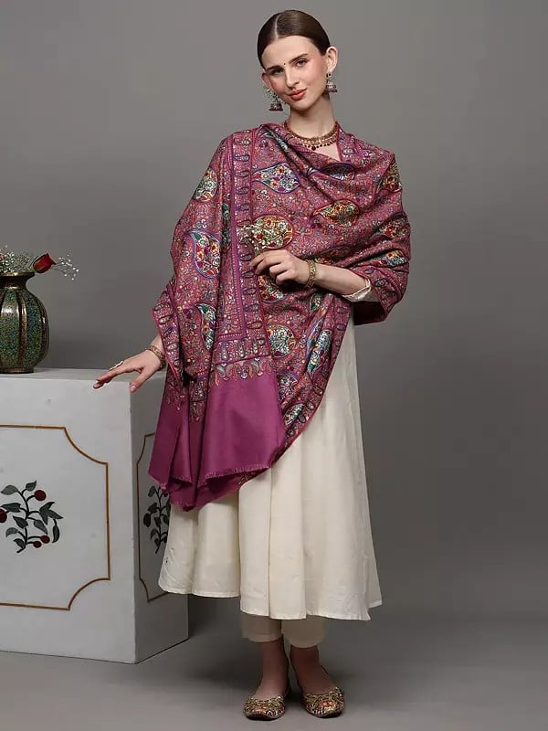 Exotic India Rose-Violet Pure Pashmina Shawl With Heavily Sozni Embroidered Paisleys In Multicolor Thread 