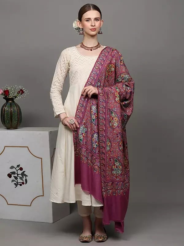 Exotic India Rose-Violet Pure Pashmina Shawl With Heavily Sozni Embroidered Paisleys In Multicolor Thread 