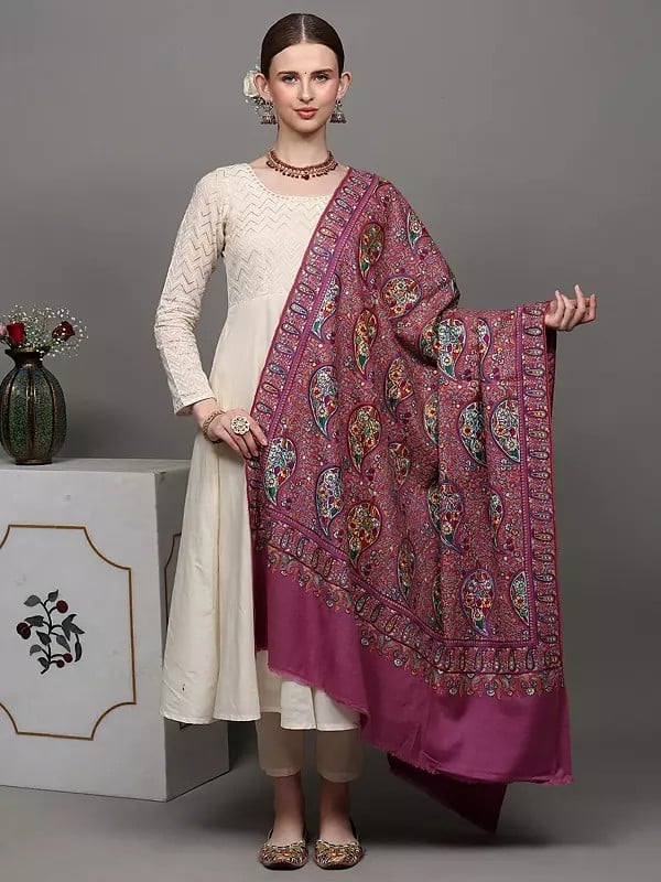 exotic india Rose-Violet Pure Pashmina Shawl with Heavily Sozni Embroidered Paisleys in Multicolor Thread 