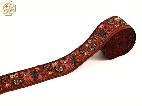 Exotic India Rosewood Fabric Border With Elephant And Floral Embroidery 
