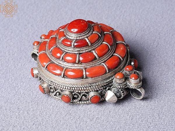 Exotic India Round Carnelian Coral Ghau Pendant Silver