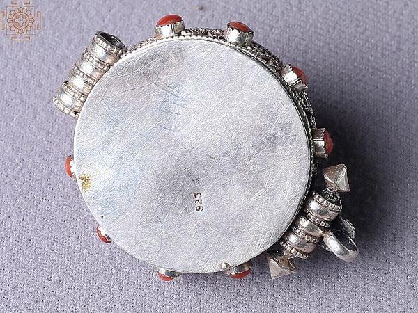 Exotic India Round Carnelian Coral Ghau Pendant Silver