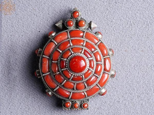 exotic india Round Carnelian Coral Ghau Pendant Silver