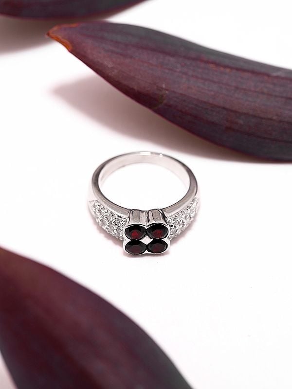 Exotic India Round Cut Garnet Gemstone Ring With Cubic Zirconia 