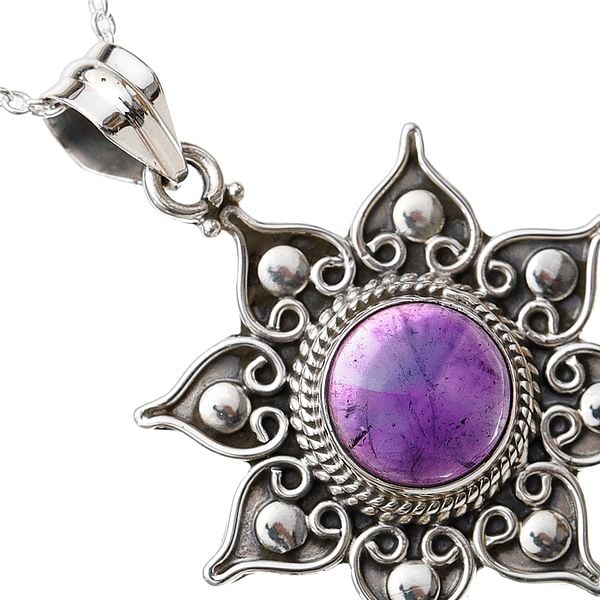 Exotic India Round Cut Gemstone Sterling Silver Flower Pendant 