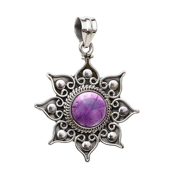 Exotic India Round Cut Gemstone Sterling Silver Flower Pendant 