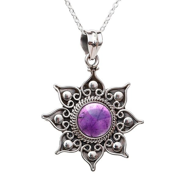 exotic india Round Cut Gemstone Sterling Silver Flower Pendant