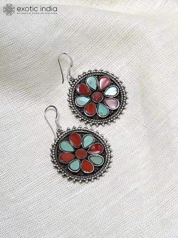 Exotic India Round Hook Earrings With Coral And Tibetan Turquoise 