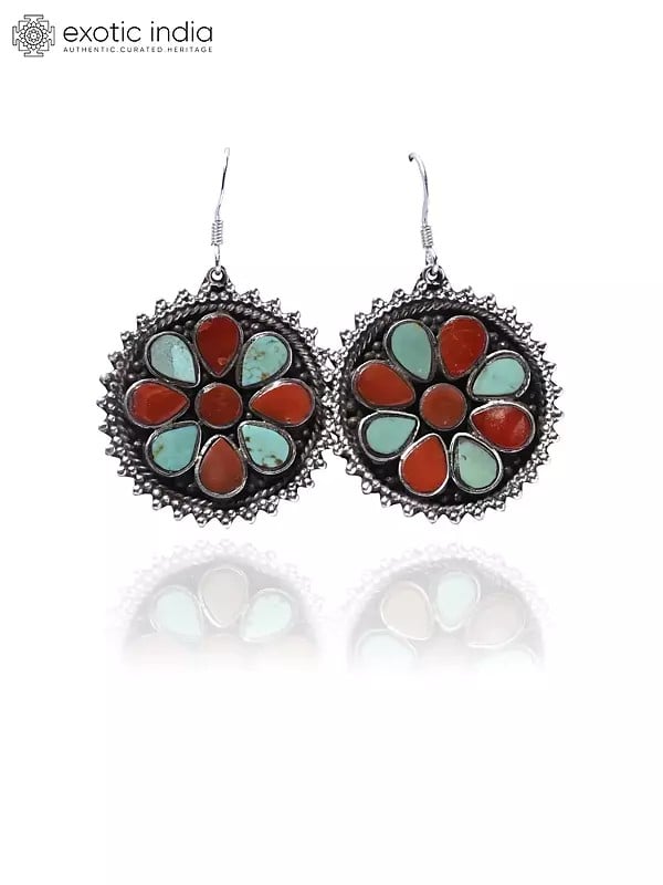 exotic india Round Hook Earrings With Coral and Tibetan Turquoise 