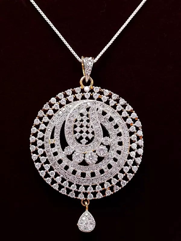 Exotic India Round Shape American Diamond Pendant And Earrings Set 
