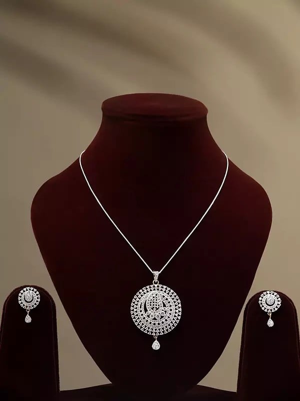 exotic india Round Shape American Diamond Pendant and Earrings Set 