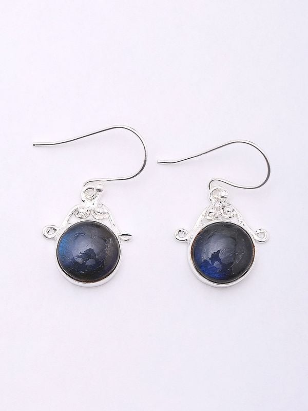 Exotic India Round Shape Cabochon Labradorite Hook Earrings 