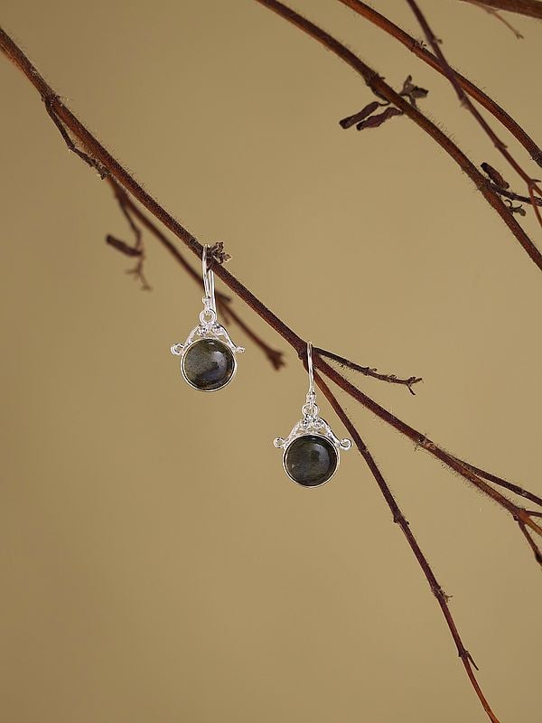 Exotic India Round Shape Cabochon Labradorite Hook Earrings 