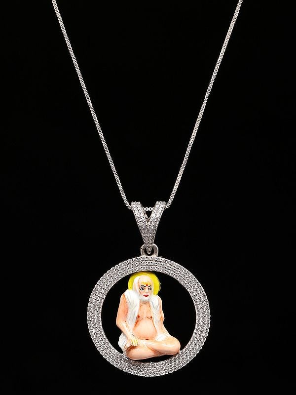 Exotic India Round Shape Enamelled Bajrangdas Bapa (Saint) Sterling Silver Pendant