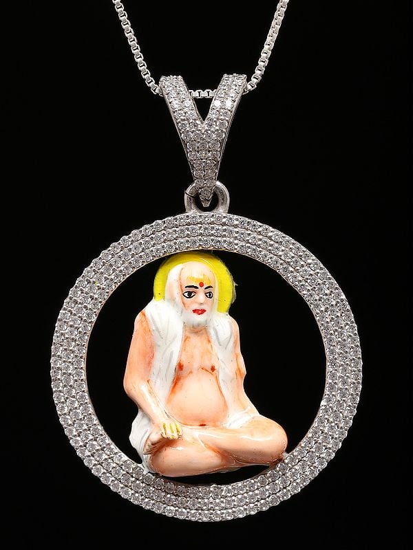 exotic india Round Shape Enamelled Bajrangdas Bapa (Saint) Sterling Silver Pendant 