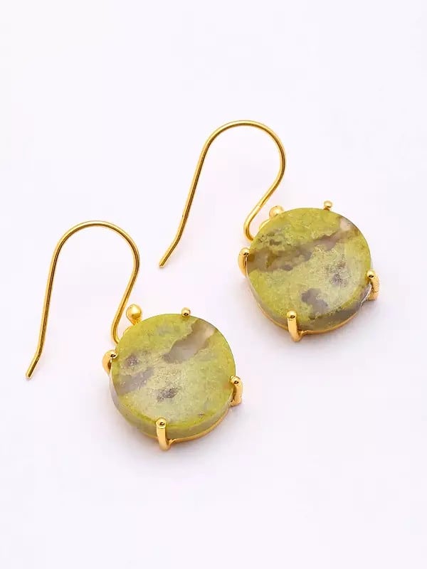 Exotic India Round Shape Green Opal Gemstone Hook Earrings 