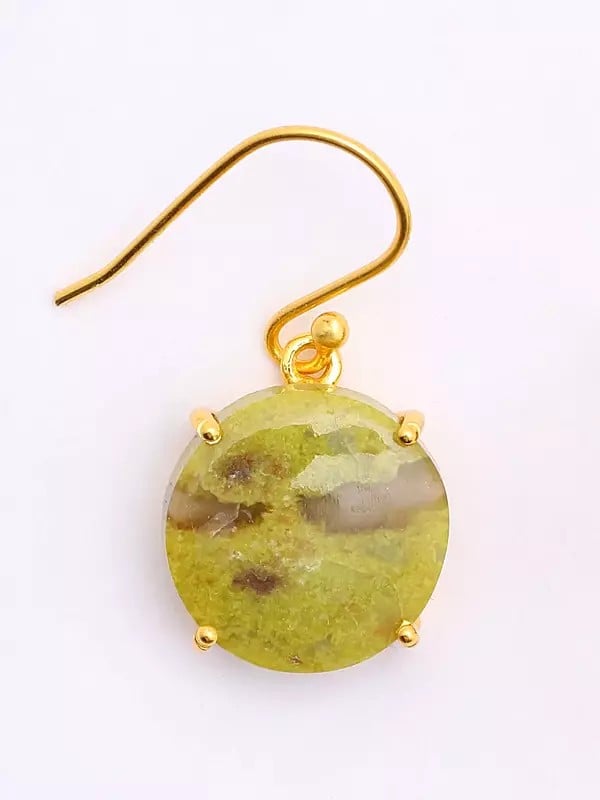 Exotic India Round Shape Green Opal Gemstone Hook Earrings 