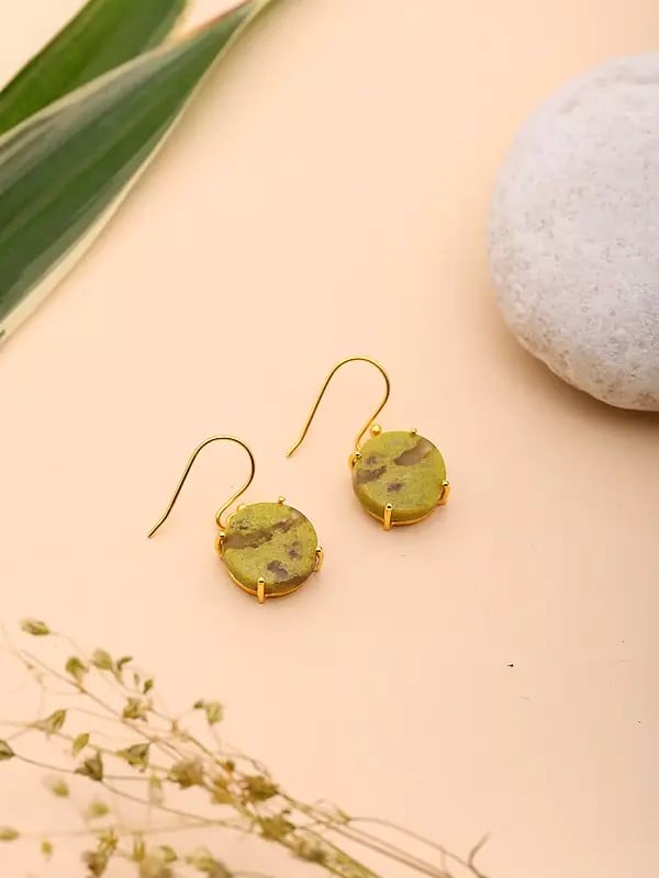 Exotic India Round Shape Green Opal Gemstone Hook Earrings 