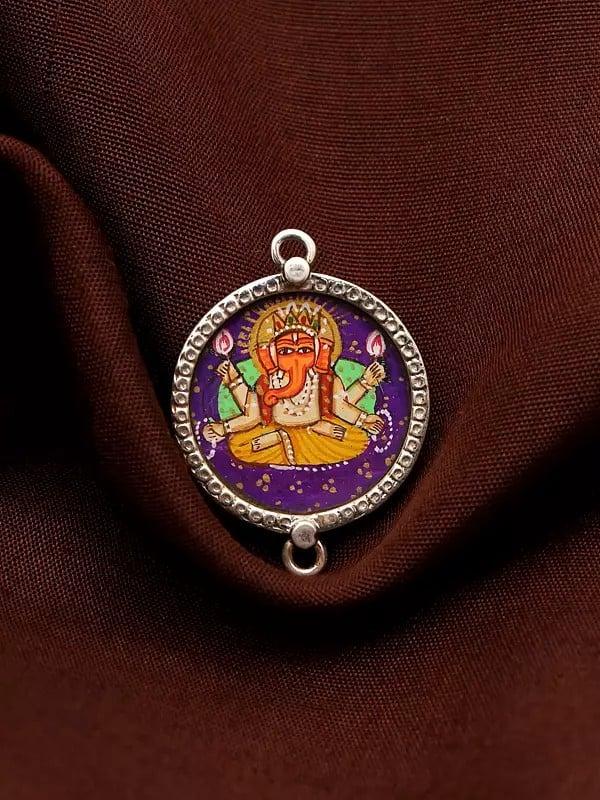 Exotic India Round Shape Hand Painted Four-Armed Lord Ganesha Pendant 