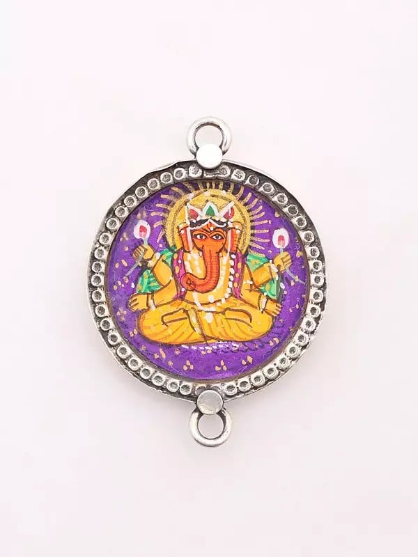 exotic india Round Shape Hand Painted Four-Armed Lord Ganesha Pendant 