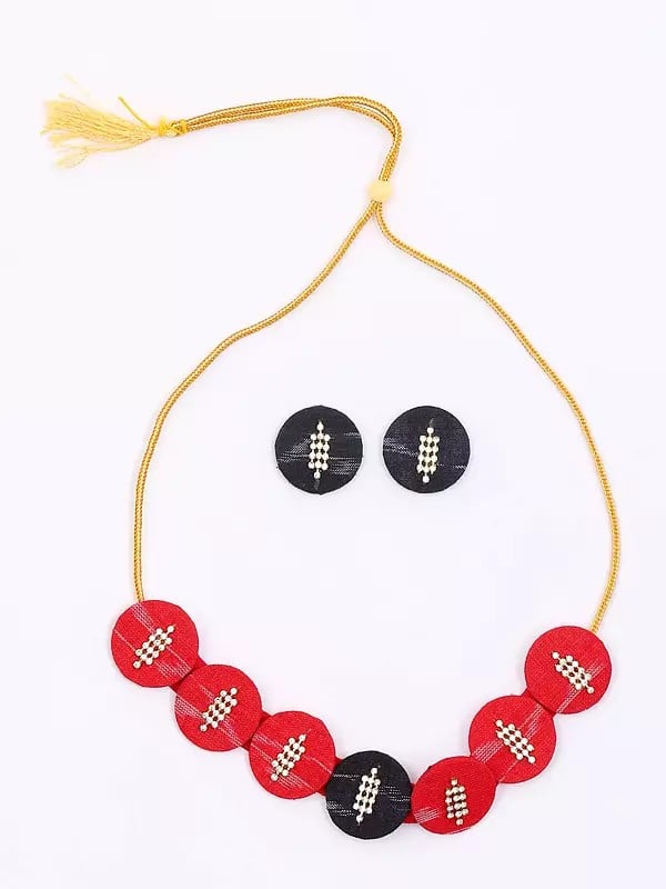 Exotic India Round Shape Handloom Sambalpuri Fabric Choker And Earrings Set 