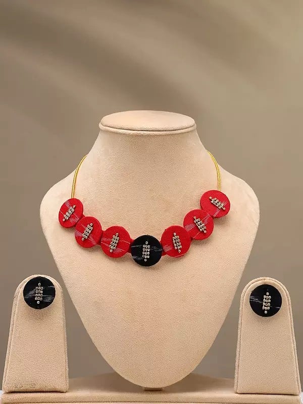 exotic india Round Shape Handloom Sambalpuri Fabric Choker and Earrings Set 