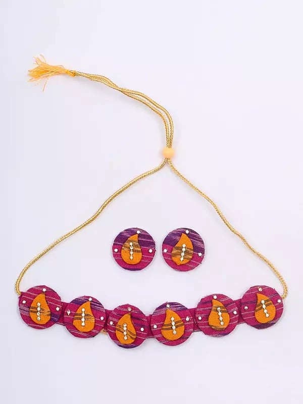Exotic India Round Shape Handloom Sambalpuri Fabric Choker Set With Earrings 