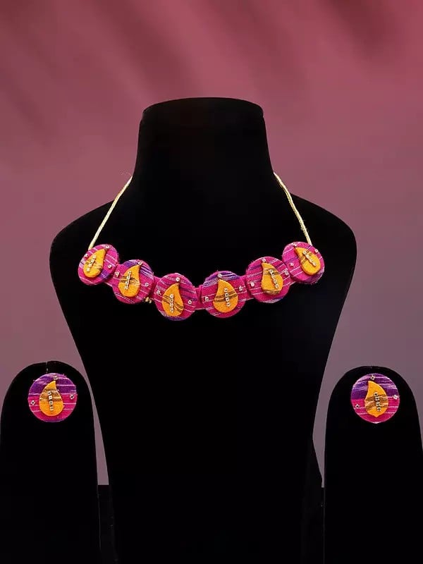 exotic india Round Shape Handloom Sambalpuri Fabric Choker Set with Earrings 