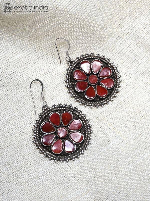 Exotic India Round Shape Hook Earrings With Coral Gemstone
