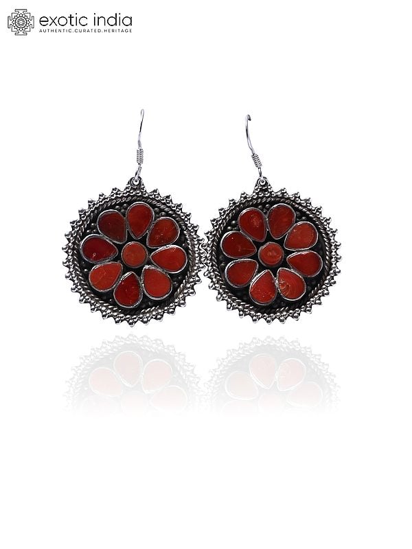 exotic india Round Shape Hook Earrings with Coral Gemstone 