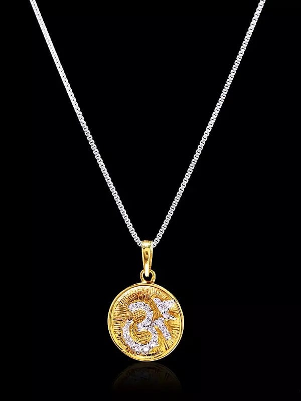 exotic india Round Shape OM (AUM) Pendant with Cubic Zirconia 
