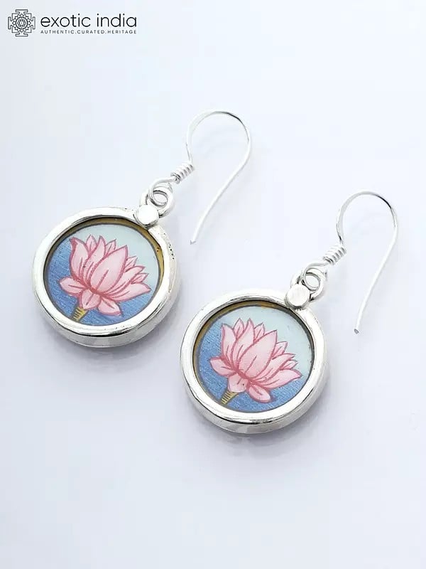Exotic India Round Shape Sterling Silver Lotus Design Earrings 