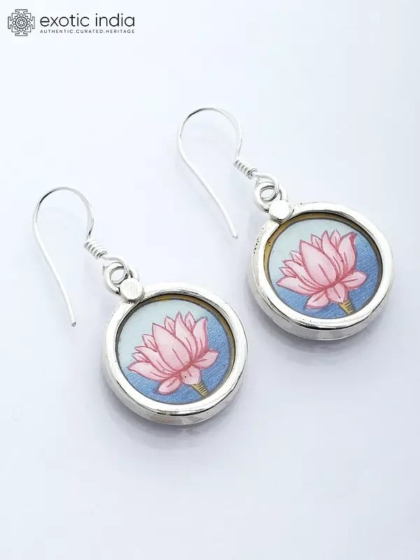 exotic india Round Shape Sterling Silver Lotus Design Earrings