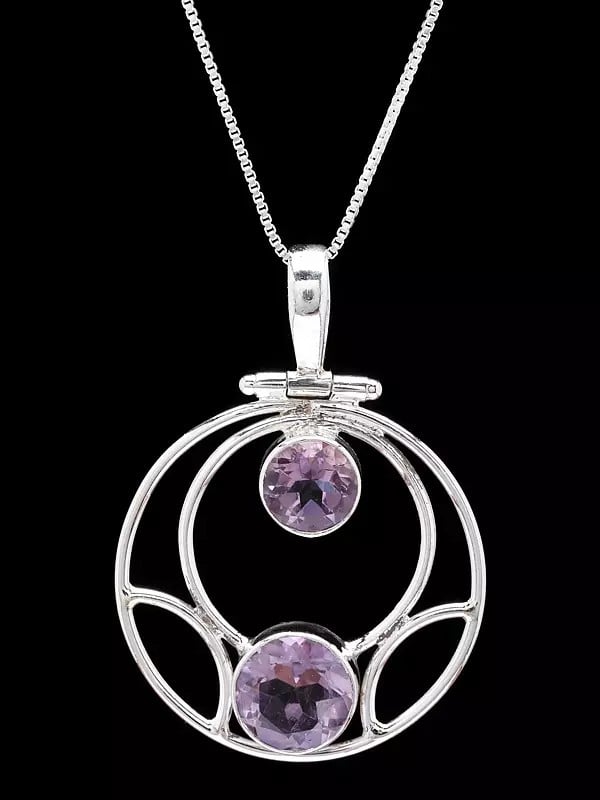 Exotic India Round Shape Sterling Silver Pendant With Duplet Faceted Amethyst 