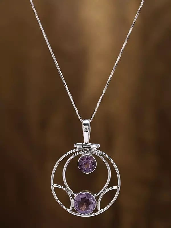 Exotic India Round Shape Sterling Silver Pendant With Duplet Faceted Amethyst 