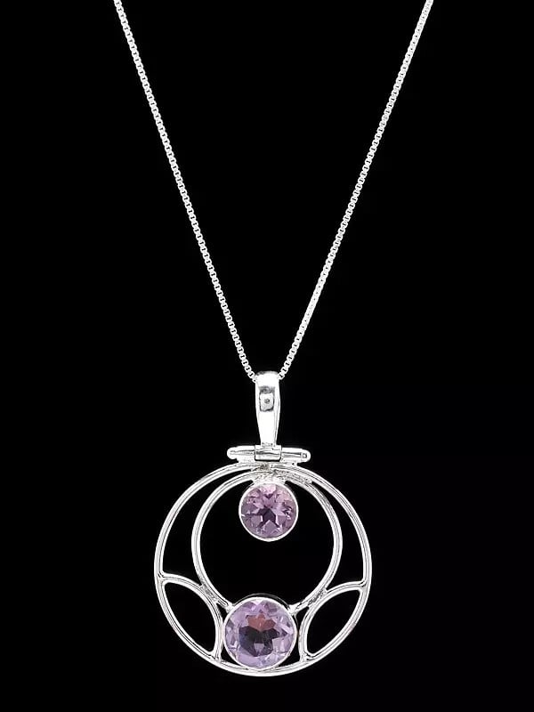 exotic india Round Shape Sterling Silver Pendant with Duplet Faceted Amethyst 