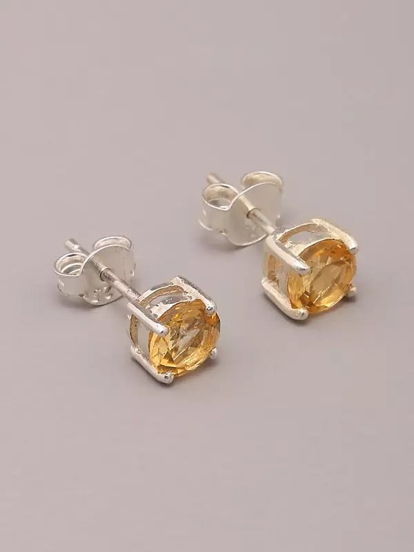 Exotic India Round Shape Sterling Silver Stud Earrings With Faceted Gemstone 