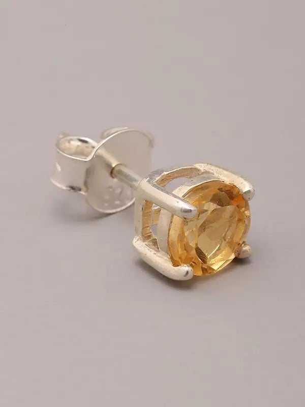 Exotic India Round Shape Sterling Silver Stud Earrings With Faceted Gemstone 