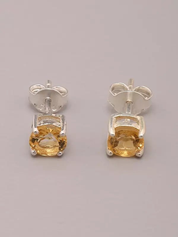 Exotic India Round Shape Sterling Silver Stud Earrings With Faceted Gemstone 