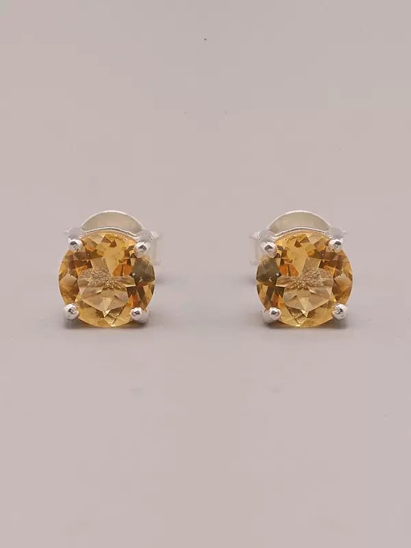 exotic india Round Shape Sterling Silver Stud Earrings with Faceted Gemstone 