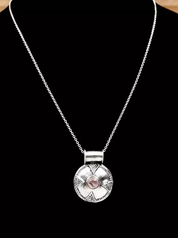 Exotic India Round Shaped Sterling Silver Pendant With Gemstone